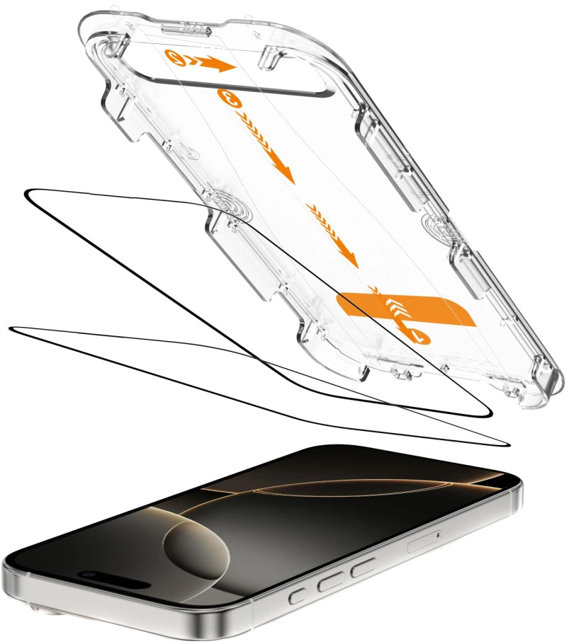 Protector de pantalla Tech-Protect Quick Set+ para Apple iPhone 16 Pro, Cristal Templado, Adhesivo Completo, Set de 2 piezas, Negro