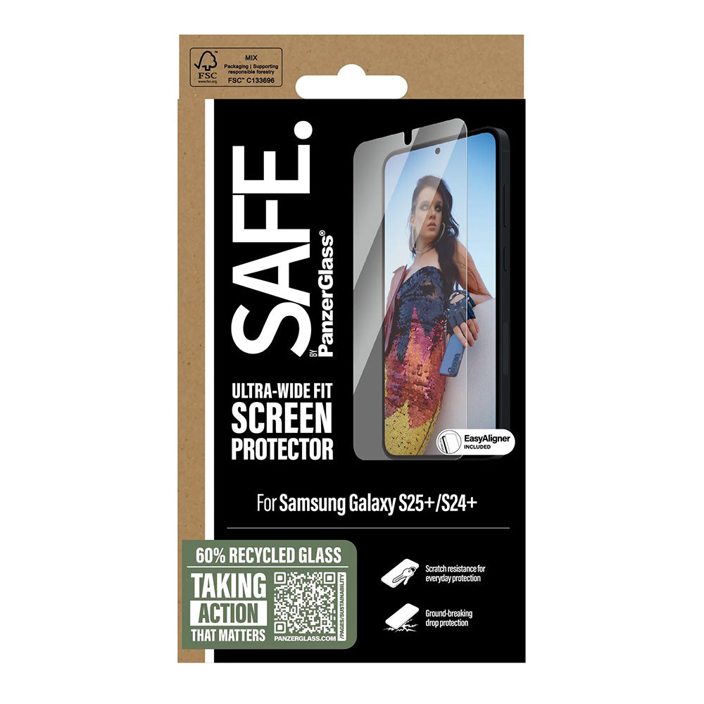Protector de pantalla PanzerGlass Safe. Ultra-Wide Fit EasyAligner para Samsung Galaxy S25+ S936, vidrio templado, adhesivo completo, reempaquetado