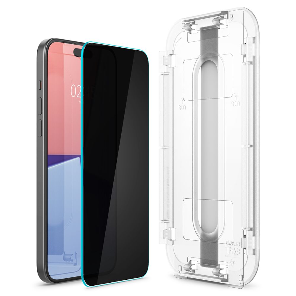 Spigen EZ FIT Privacy Protector de Pantalla para Apple iPhone 16 / 15, con protección de vidrio, pegamento completo, 2.5D AGL07121