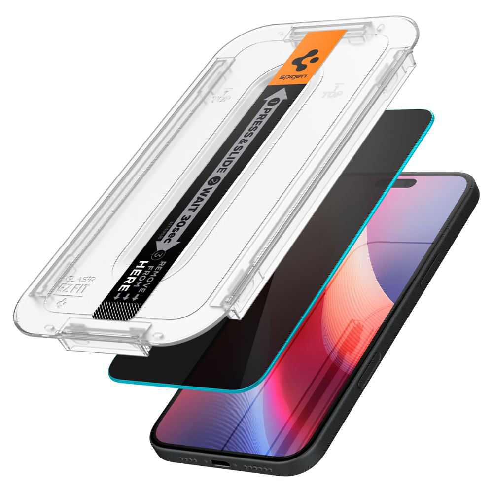 Protector de pantalla Privacy Spigen GlastR EZ FIT para Apple iPhone 16 / 15, Cristal Templado, Adhesivo Completo, Set de 2 piezas AGL06905
