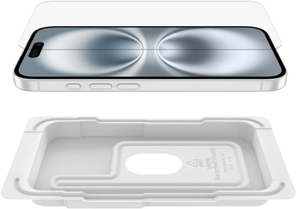 Protector de pantalla Belkin ScreenForce TemperedGlass para Apple iPhone 16 / 15 / 14 Pro, vidrio templado, adhesivo completo OVA135zz