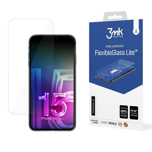 Protector de pantalla 3MK FlexibleGlass Lite para Apple iPhone 15, Vidrio Flexible, Pegamento Completo