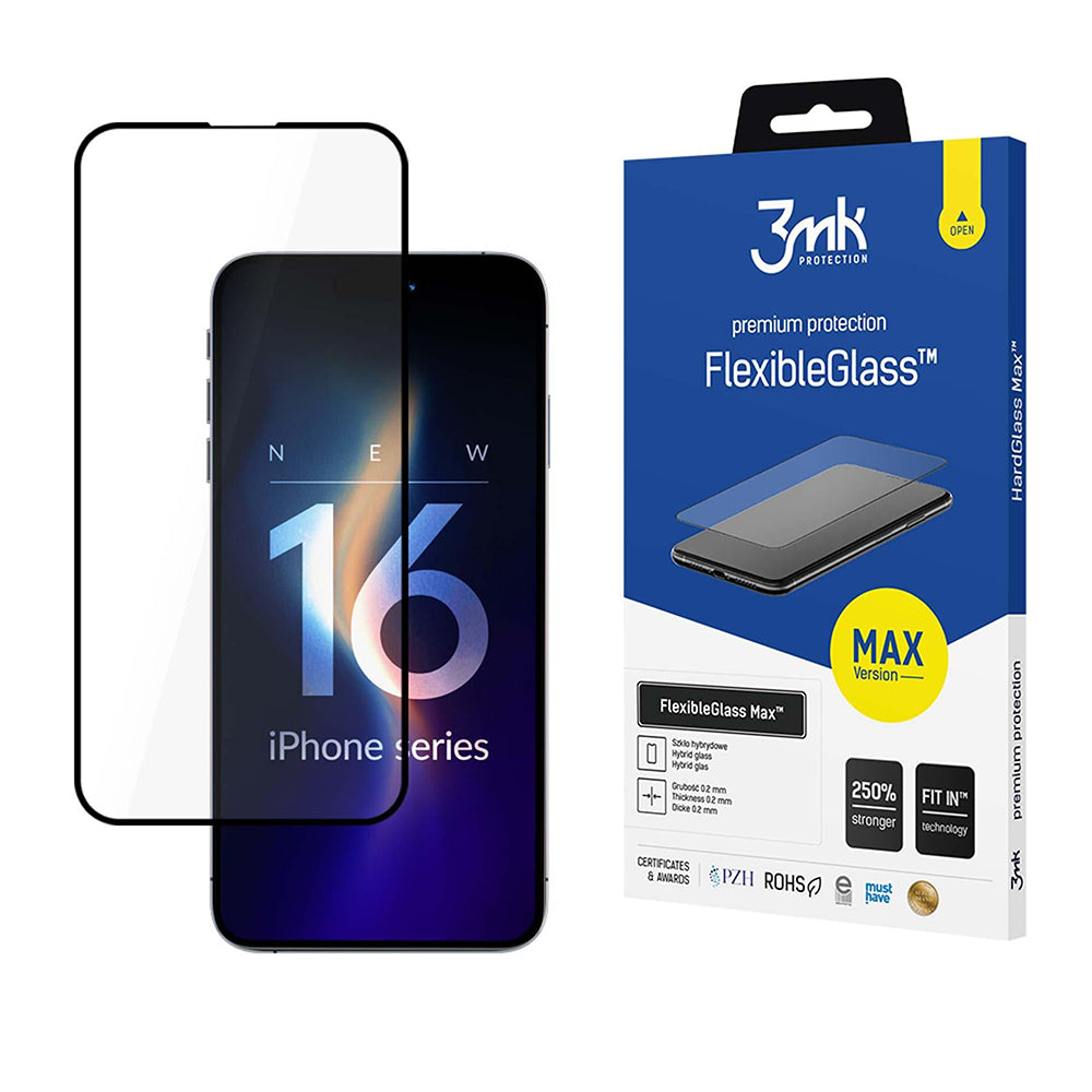 Protector de pantalla 3MK FlexibleGlass Max para Apple iPhone 16 Pro, Vidrio Flexible, Pegamento Completo, Negro