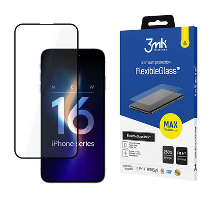 Protector de pantalla 3MK FlexibleGlass Max para Apple iPhone 16 Pro, Vidrio Flexible, Pegamento Completo, Negro