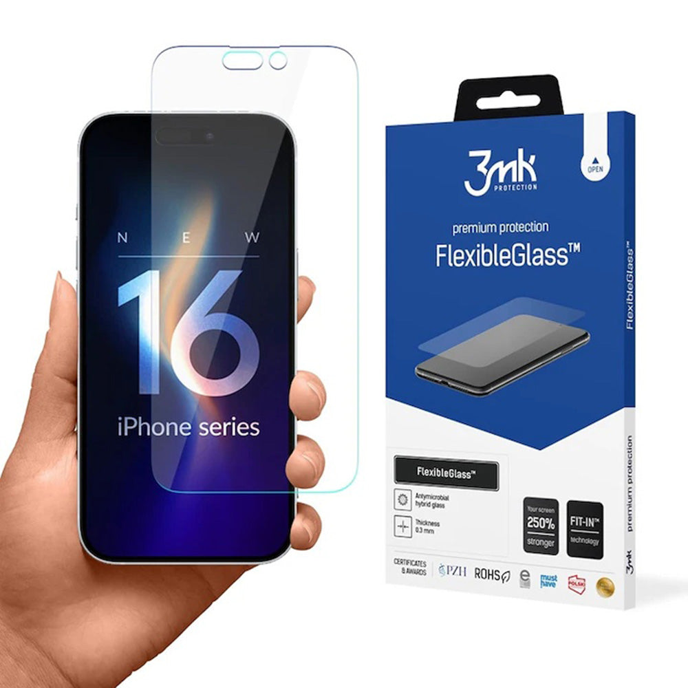 Protector de pantalla 3MK FlexibleGlass para Apple iPhone 16 Pro Max, Vidrio Flexible, Pegamento Completo