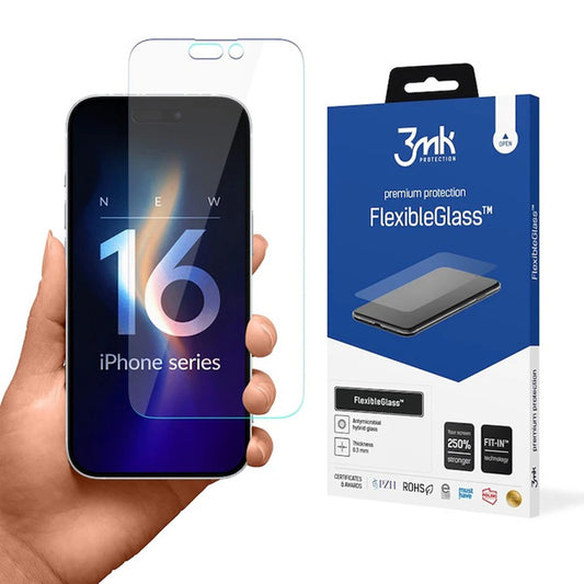 Protector de pantalla 3MK FlexibleGlass para Apple iPhone 16 Pro Max, Vidrio Flexible, Pegamento Completo