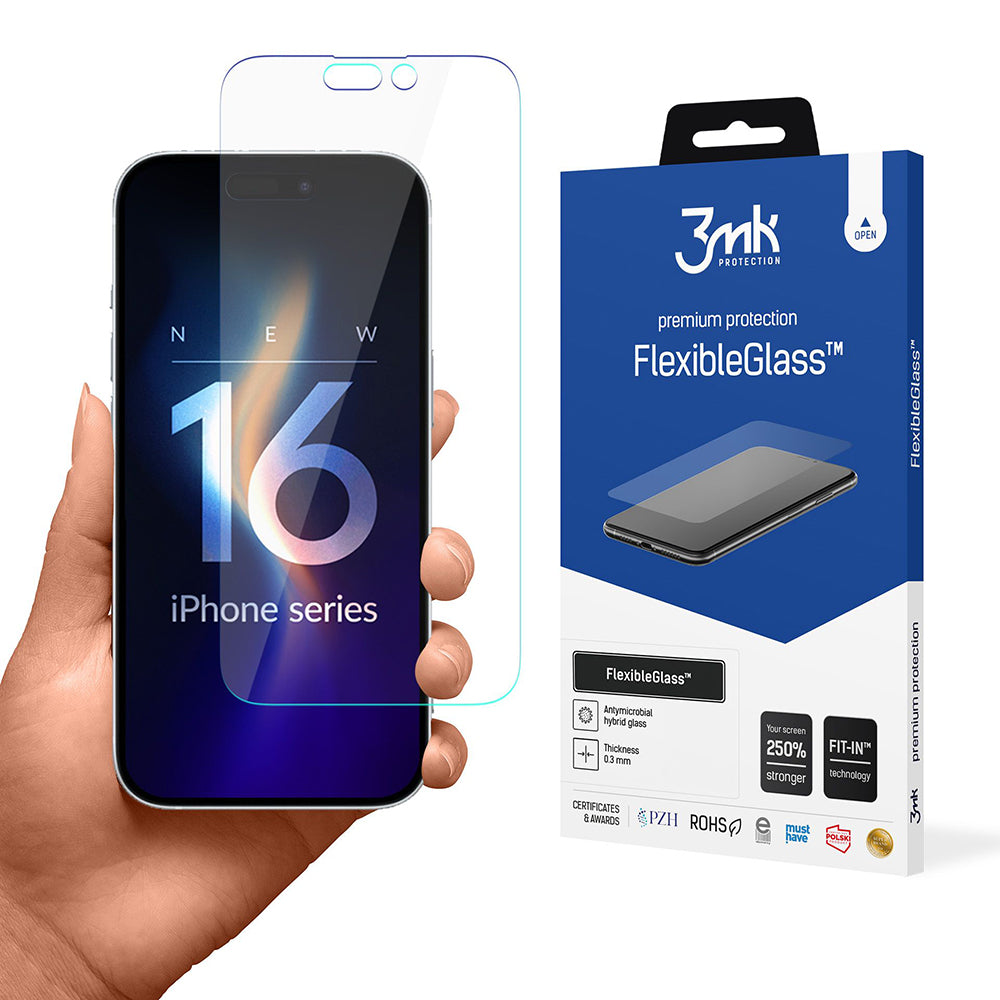 Protector de pantalla 3MK FlexibleGlass para Apple iPhone 16 Pro, Vidrio Flexible, Pegamento Completo