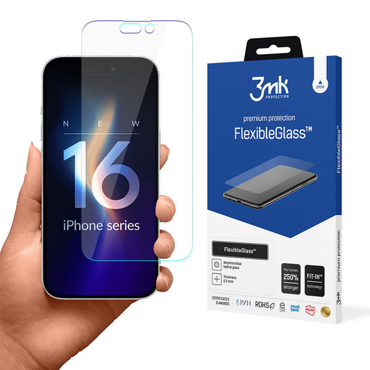 Protector de pantalla 3MK FlexibleGlass para Apple iPhone 16 Pro, Vidrio Flexible, Pegamento Completo