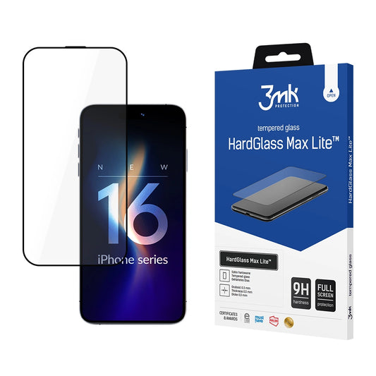 Protector de pantalla 3MK HardGlass Max Lite para Apple iPhone 17 / 16 Pro, Cristal Templado, Full Glue, Negro
