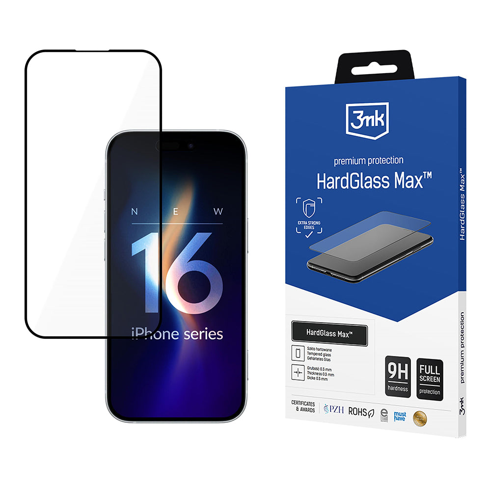 Protector de pantalla 3MK HardGlass Max para Apple iPhone 16 Pro, Vidrio Templado, Pegamento Completo, Negro
