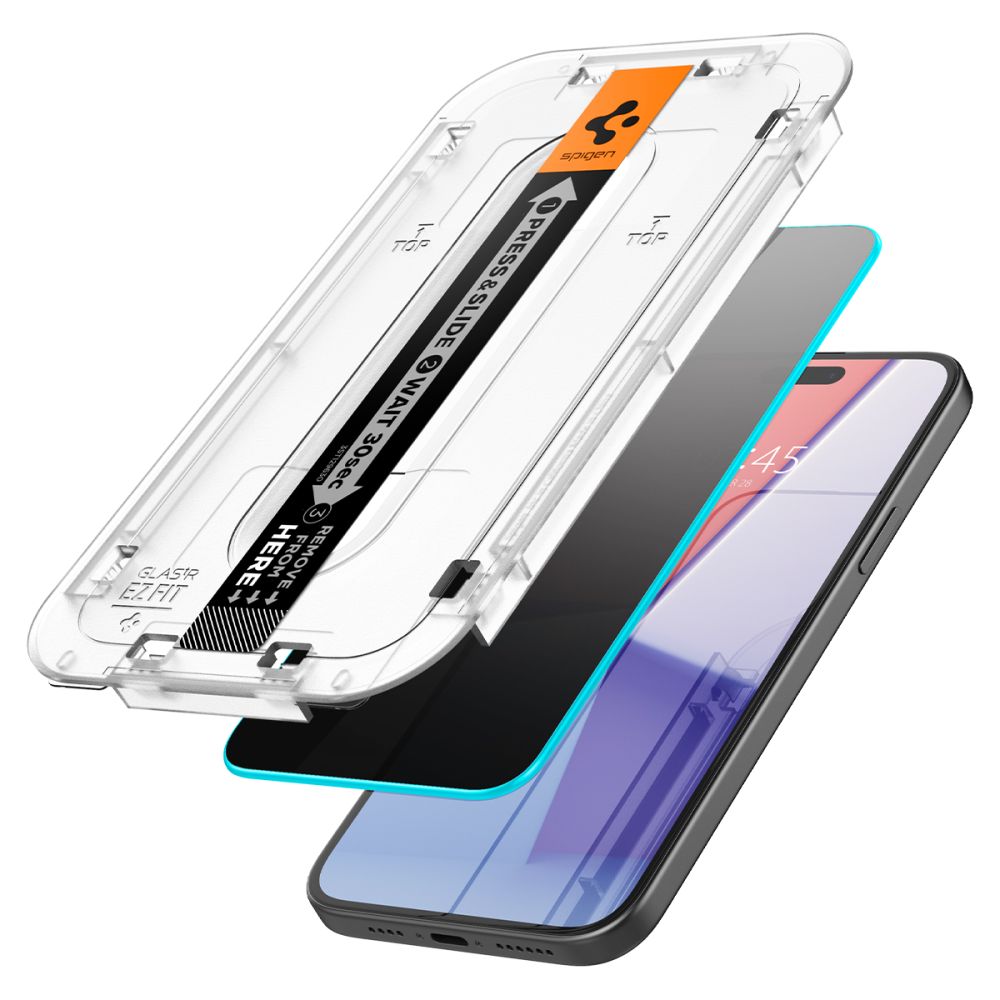 Spigen EZ FIT Privacy Protector de Pantalla para Apple iPhone 16 / 15, con protección de vidrio, pegamento completo, 2.5D AGL07121