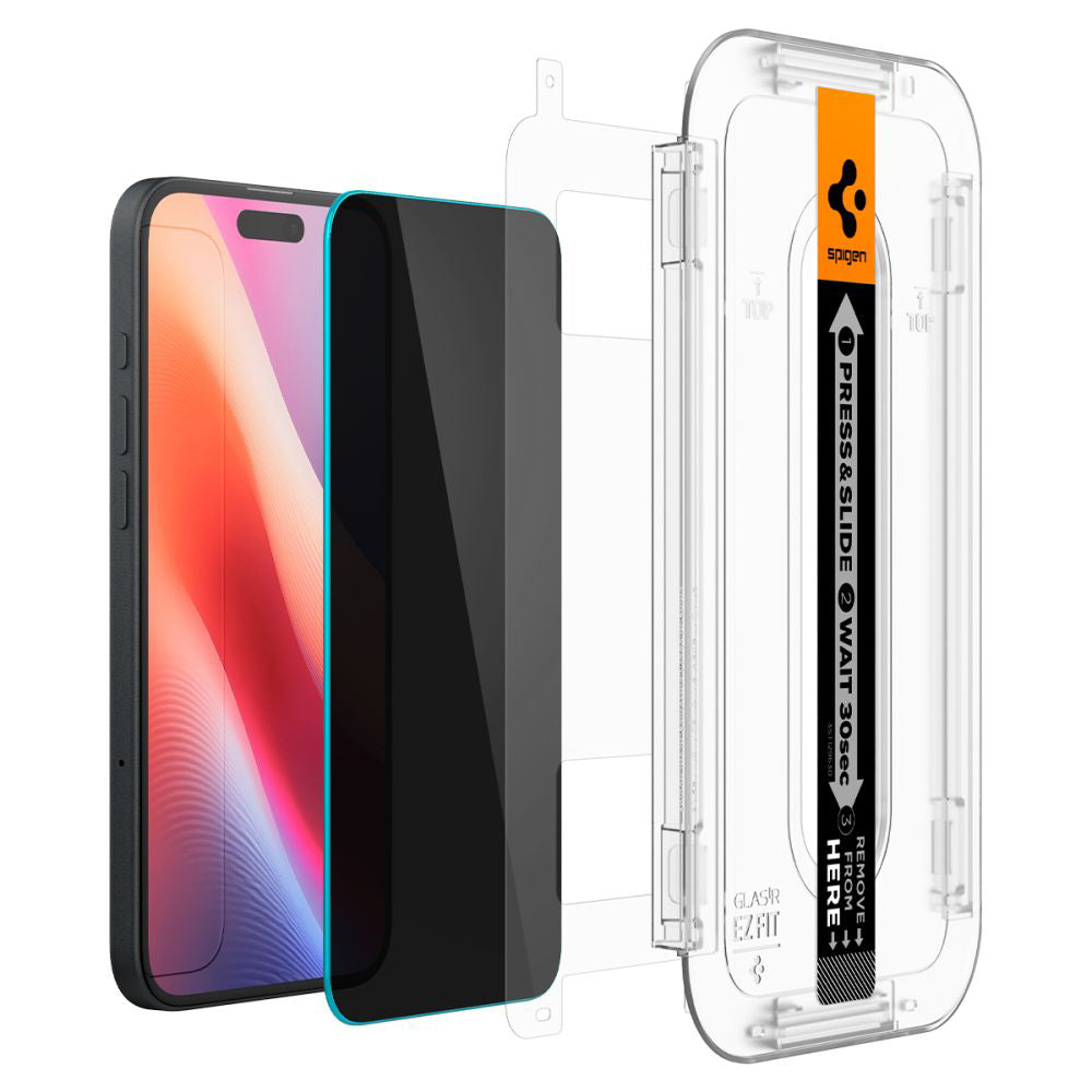 Protector de pantalla Privacy Spigen GlastR EZ FIT para Apple iPhone 16 / 15, Cristal Templado, Adhesivo Completo, Set de 2 piezas AGL06905