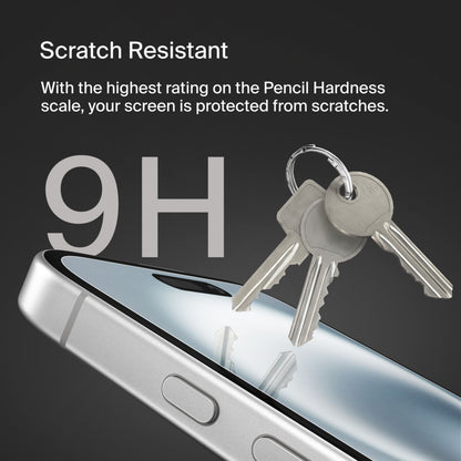 Protector de pantalla Belkin ScreenForce TemperedGlass para Apple iPhone 16 / 15 / 14 Pro, vidrio templado, adhesivo completo OVA135zz