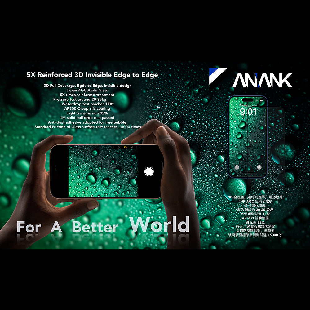 Protector de pantalla Anank 5X Reforzado Invisible para Apple iPhone 17 Pro, Cristal Templado, Full Glue, 3D, Negro