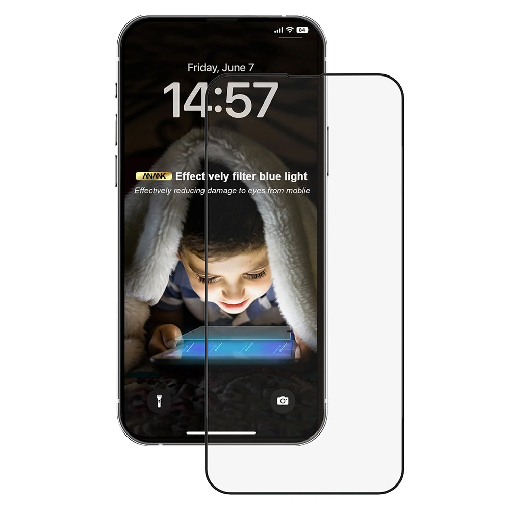Anank 3X Reinforced Anti Blue Light Screen Protector for Apple iPhone 16, Tempered Glass, Full Glue, 2.5D, Black
