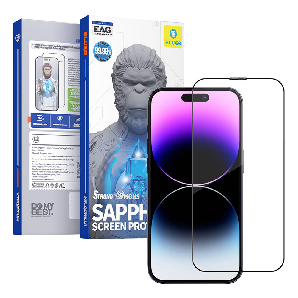 Protector de pantalla Blueo Sapphire Applicator Pro para Apple iPhone 15 Pro, vidrio templado, adhesivo completo, negro