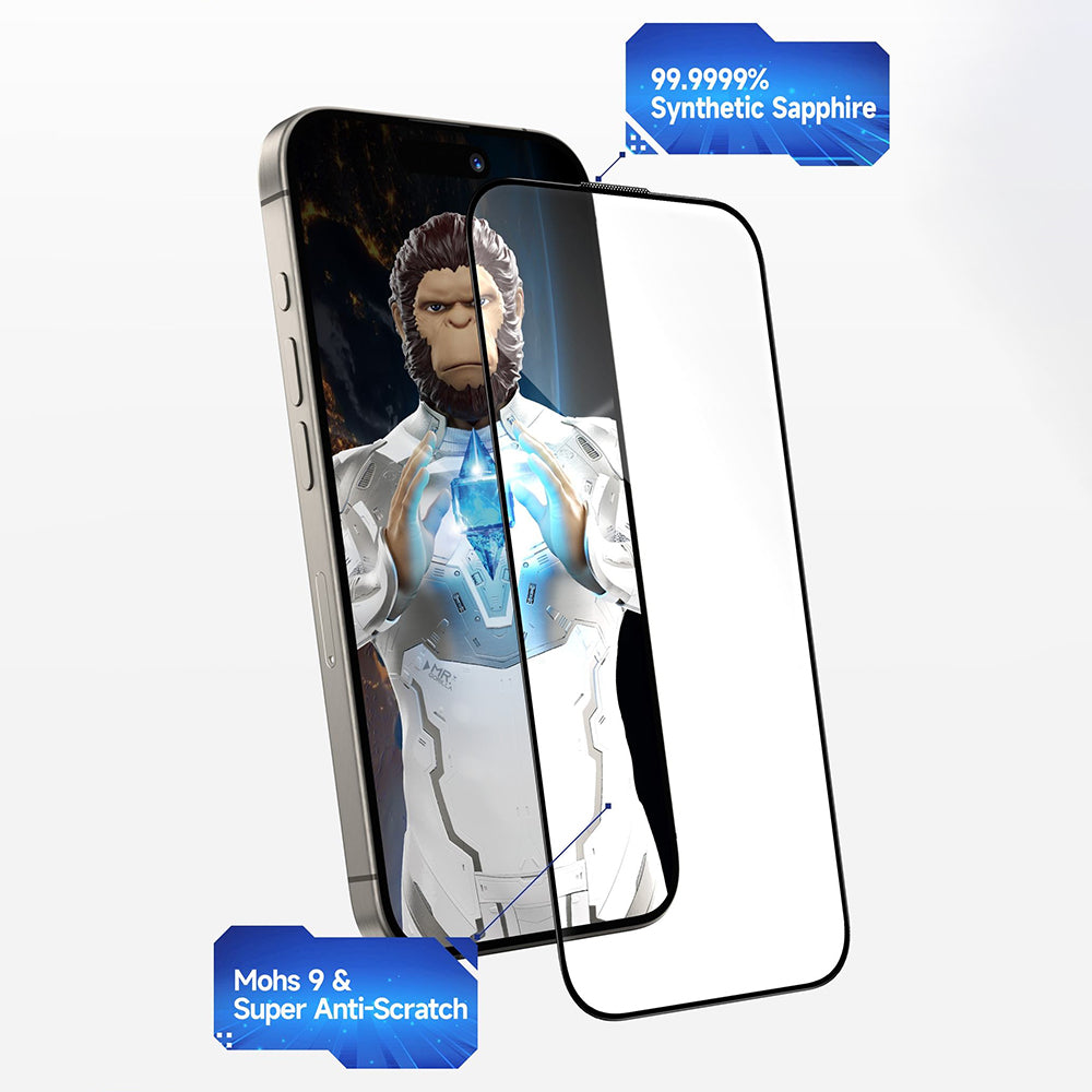 Protector de pantalla Blueo Sapphire Applicator Pro para Apple iPhone 15 Pro, vidrio templado, adhesivo completo, negro