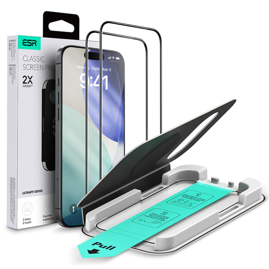 Protector de pantalla ESR UltraFit para Apple iPhone 17 / 16 Pro, vidrio templado, adhesivo completo, set de 2 piezas, negro