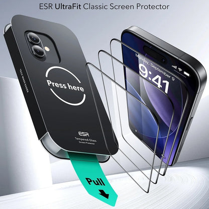 Protector de pantalla ESR UltraFit para Apple iPhone 17 / 16 Pro, Cristal Templado, Full Glue, Set de 3 piezas