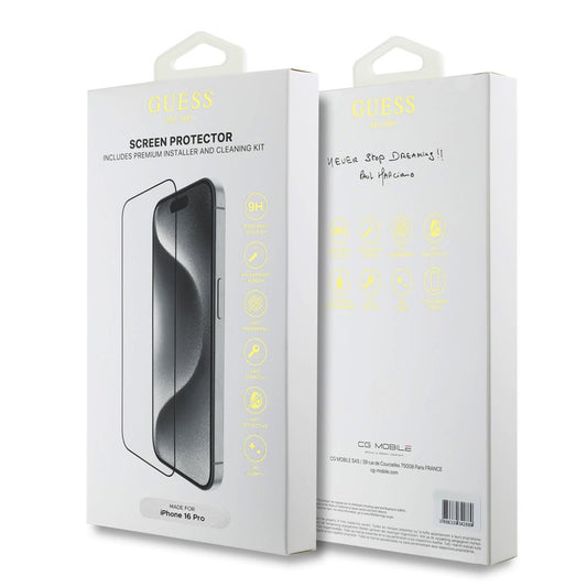 Protector de pantalla Guess Classic Outline para Apple iPhone 16 Pro Max, Cristal Templado, Full Glue, 2.5D, Negro GUTGP16XBOKGCIT