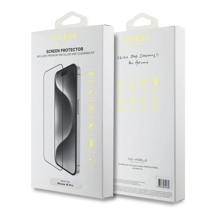 Protector de pantalla Guess Classic Outline para Apple iPhone 16 Pro, Cristal Templado, Full Glue, 2.5D, Negro GUTGP16LBOKGCIT