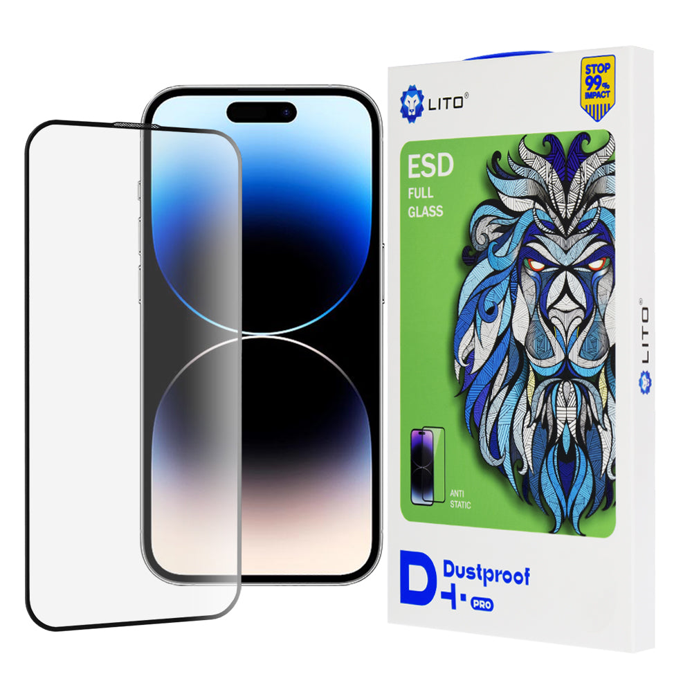 Protector de pantalla Lito D+ Pro Dustproof para Apple iPhone 14 Pro, vidrio templado, adhesivo completo, negro