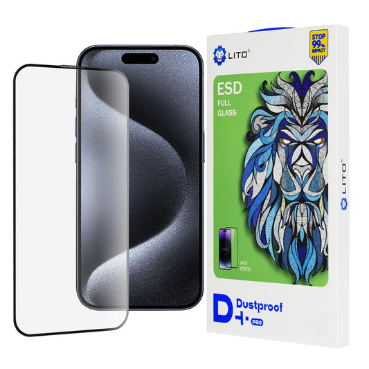 Protector de pantalla Lito D+ Pro Dustproof para Apple iPhone 15 Pro, vidrio templado, adhesivo completo, negro