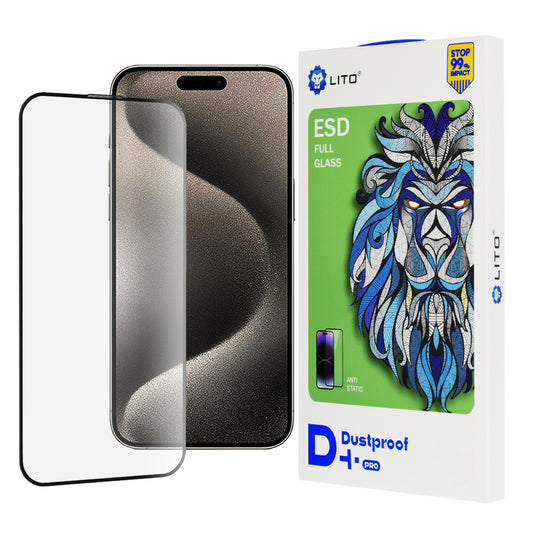 Protector de pantalla Lito D+ Pro Dustproof para Apple iPhone 15, vidrio templado, adhesivo completo, negro