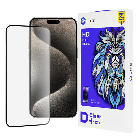Protector de pantalla Lito D+ Pro para Apple iPhone 15 Pro Max, vidrio templado, adhesivo completo, negro