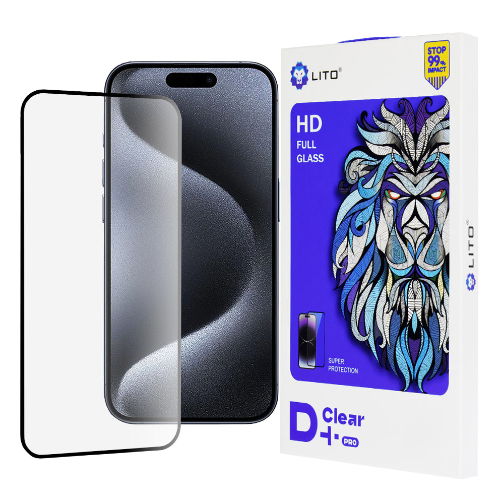 Protector de pantalla Lito D+ Pro para Apple iPhone 15 Pro, vidrio templado, adhesivo completo, negro
