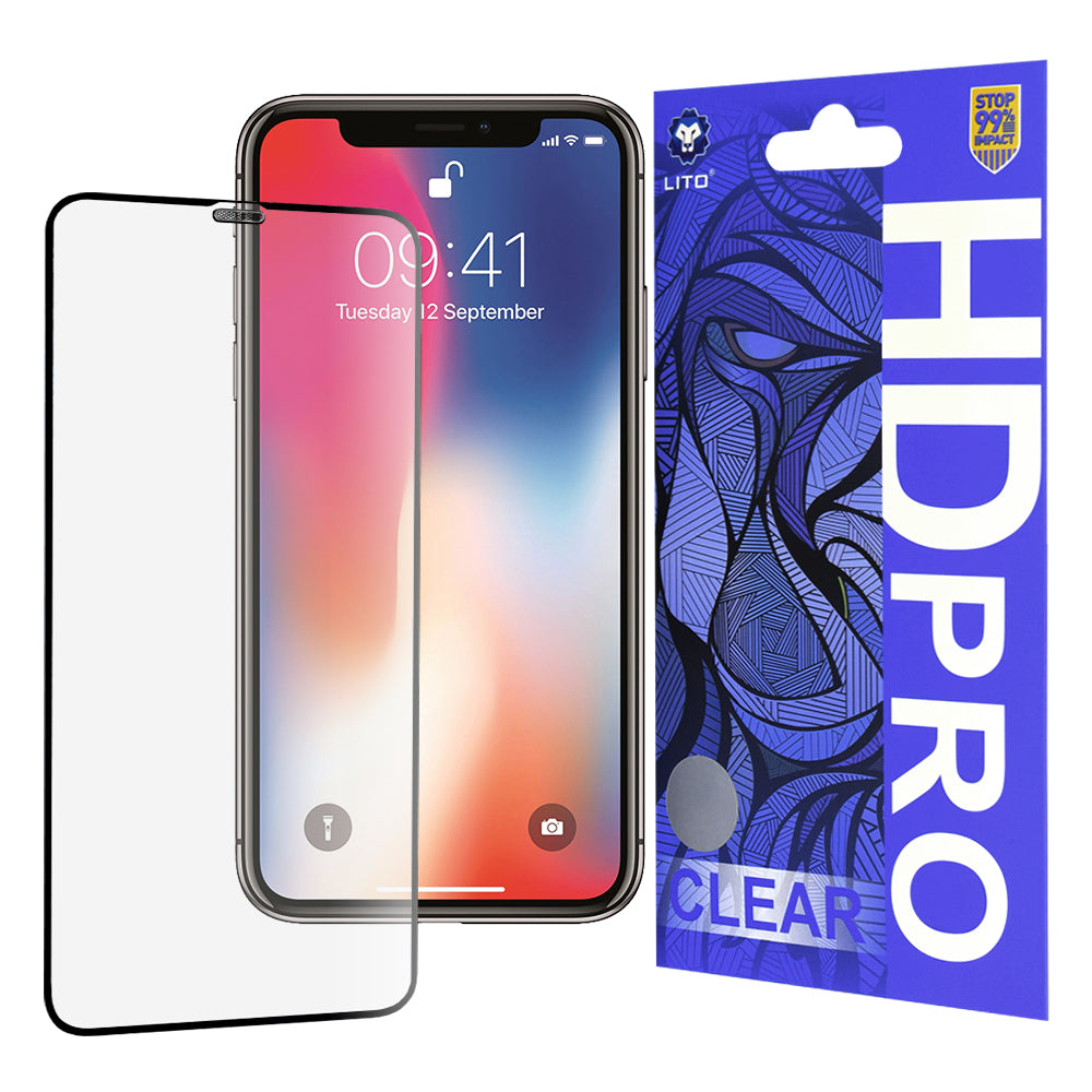 Protector de pantalla Lito HD Pro Clear para Apple iPhone 11 Pro / XS / X, vidrio templado, adhesivo completo, negro
