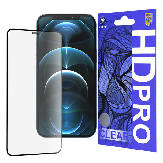 Protector de pantalla Lito HD Pro Clear para Apple iPhone 12 Pro Max, vidrio templado, adhesivo completo, negro