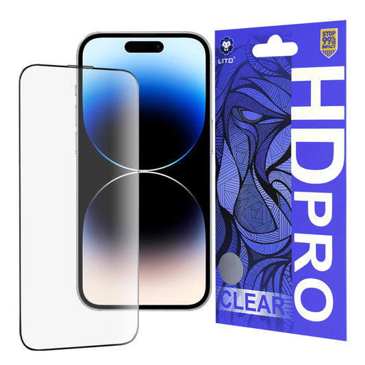 Protector de pantalla Lito HD Pro Clear para Apple iPhone 14 Pro, vidrio templado, adhesivo completo, negro