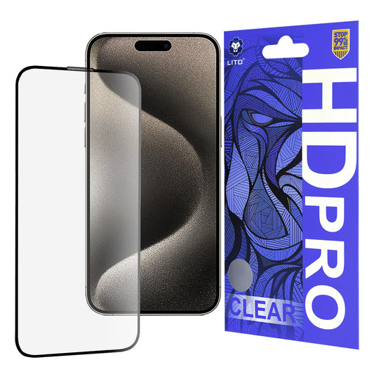 Protector de pantalla Lito HD Pro Clear para Apple iPhone 15 Pro Max, vidrio templado, adhesivo completo, negro