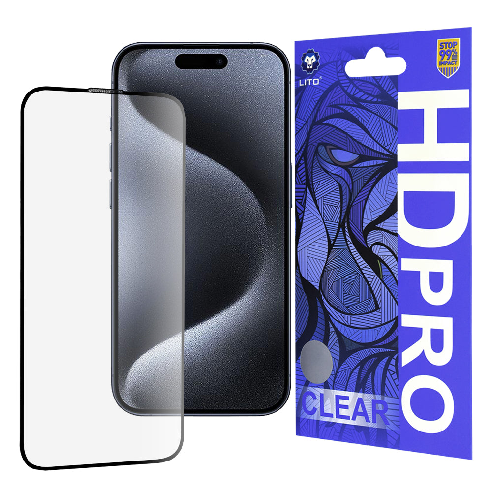 Lito HD Pro Clear Screen Protector for Apple iPhone 15 Pro, Tempered Glass, Full Glue, Black