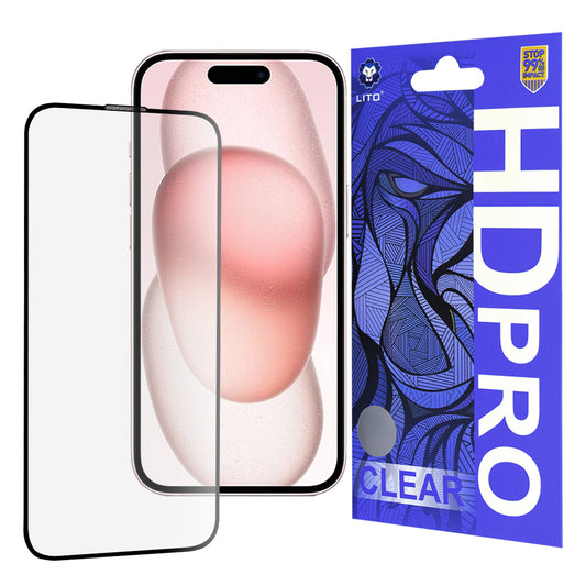 Protector de pantalla Lito HD Pro Clear para Apple iPhone 15, vidrio templado, adhesivo completo, negro