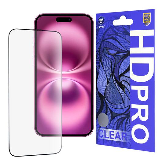 Protector de pantalla Lito HD Pro Clear para Apple iPhone 16 Plus, vidrio templado, adhesivo completo, negro
