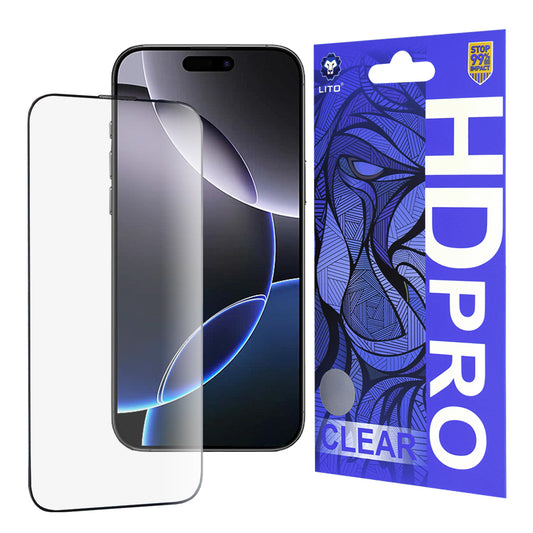 Protector de pantalla Lito HD Pro Clear para Apple iPhone 16 Pro Max, vidrio templado, adhesivo completo, negro