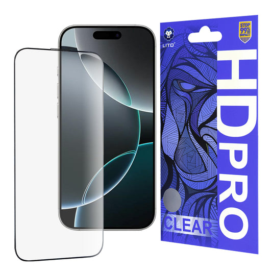 Protector de pantalla Lito HD Pro Clear para Apple iPhone 16 Pro, vidrio templado, adhesivo completo, negro