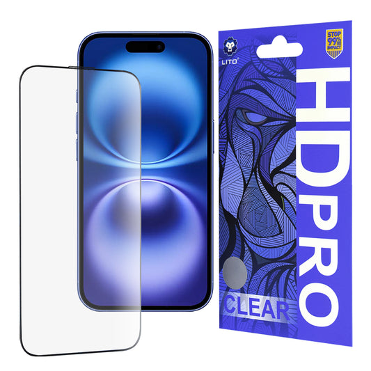 Protector de pantalla Lito HD Pro Clear para Apple iPhone 16, vidrio templado, adhesivo completo, negro