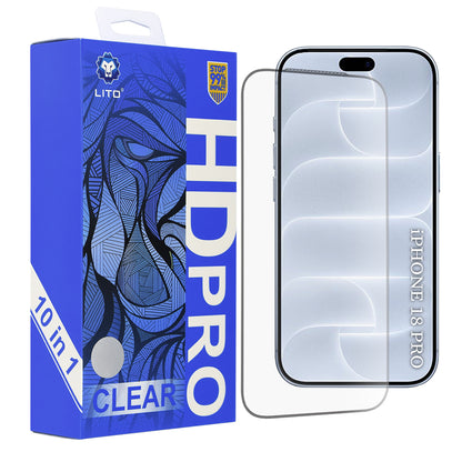 Protector de pantalla Lito HD Pro para Apple iPhone 18 Pro / 17 Pro, vidrio templado, adhesivo completo, pack de 10 unidades, negro