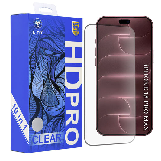 Protector de pantalla Lito HD Pro para Apple iPhone 18 Pro Max / 17 Pro Max, vidrio templado, adhesivo completo, pack de 10 unidades, negro