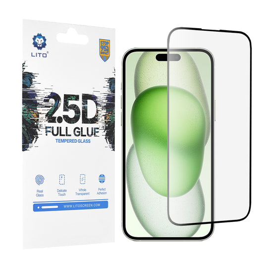 Protector de pantalla Lito para Apple iPhone 15 Plus, vidrio templado, adhesivo completo, 2.5D, negro