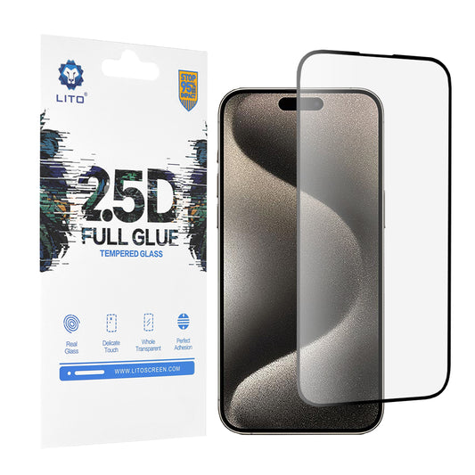 Protector de pantalla Lito para Apple iPhone 15 Pro Max, vidrio templado, adhesivo completo, 2.5D, negro