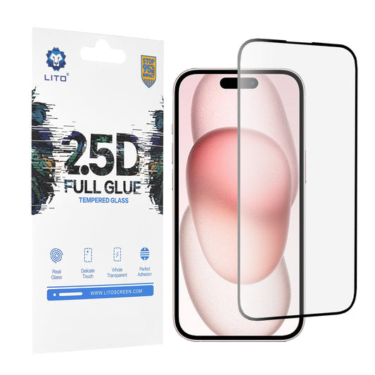 Protector de pantalla Lito para Apple iPhone 15, vidrio templado, adhesivo completo, 2.5D, negro