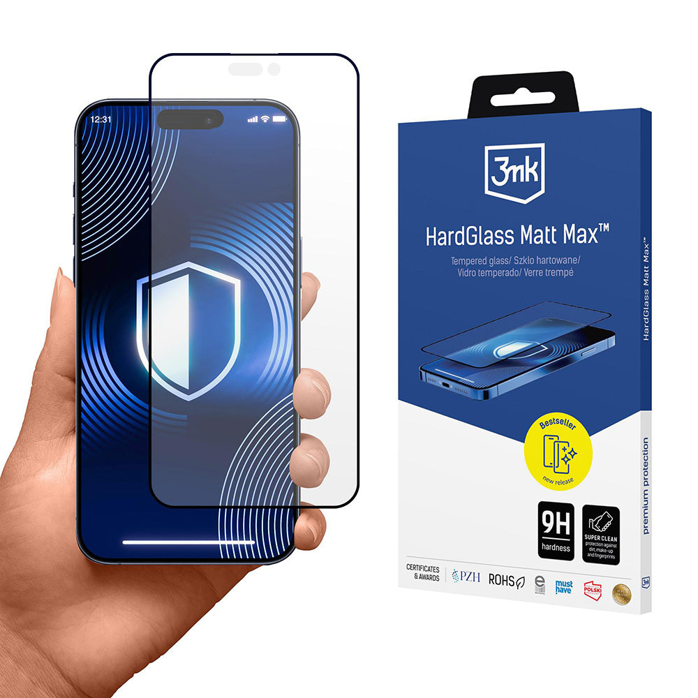 Protector de pantalla Matte 3MK HardGlass Max para Apple iPhone 17 Pro Max, Cristal Templado, Full Glue, Negro