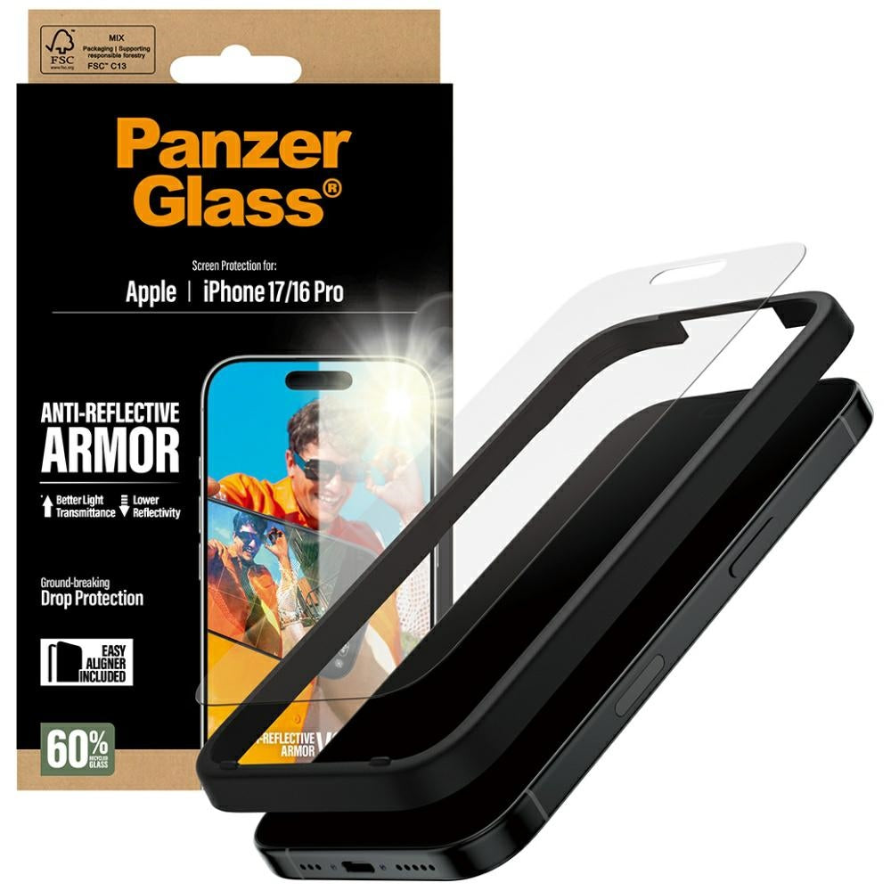 Protector de pantalla mate PanzerGlass Armor EasyAligner para Apple iPhone 17 / 16 Pro, Cristal Templado, Full Glue
