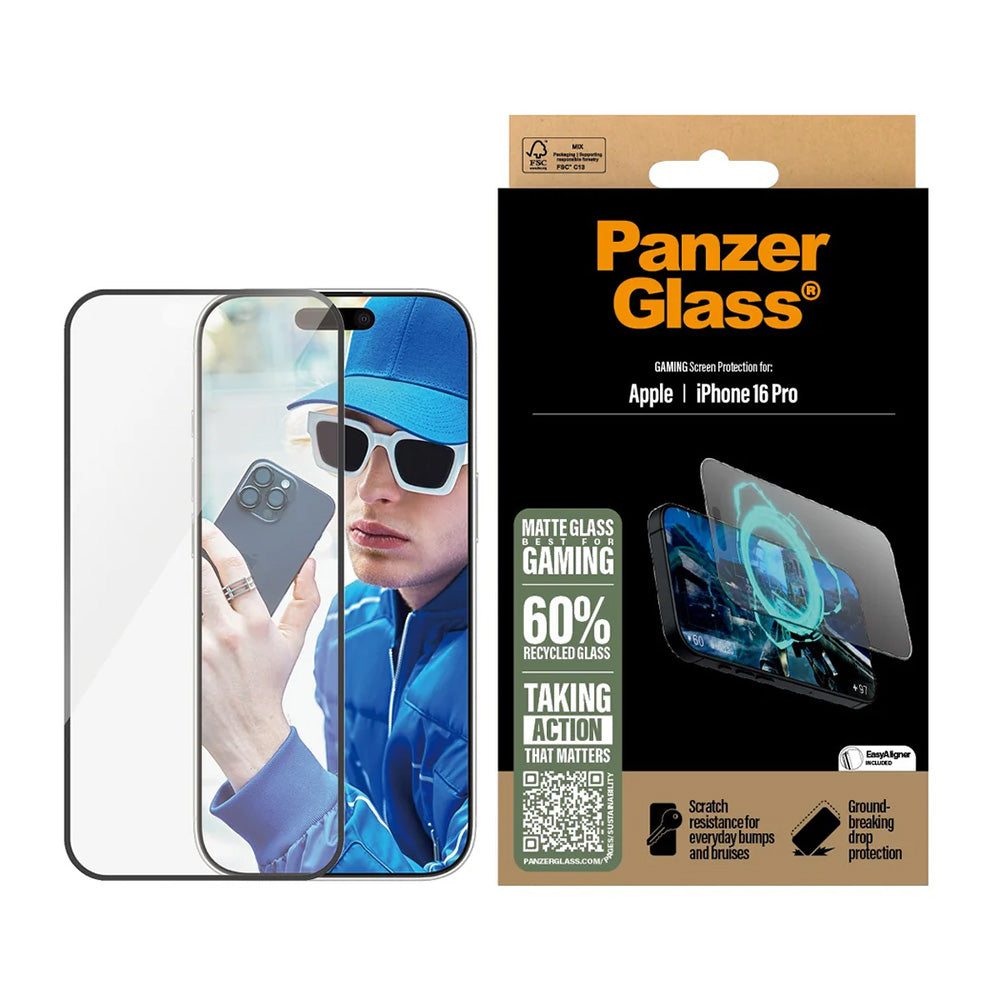 Protector de pantalla mate PanzerGlass Ultra-Wide Fit Gaming para Apple iPhone 16 Pro, Cristal Templado, Full Glue, Negro