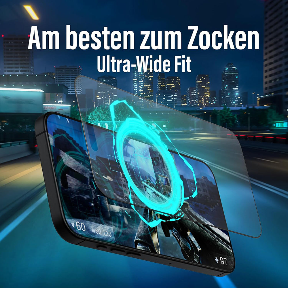 Protector de pantalla mate PanzerGlass Ultra-Wide Fit Gaming para Apple iPhone 16 Pro, Cristal Templado, Full Glue, Negro