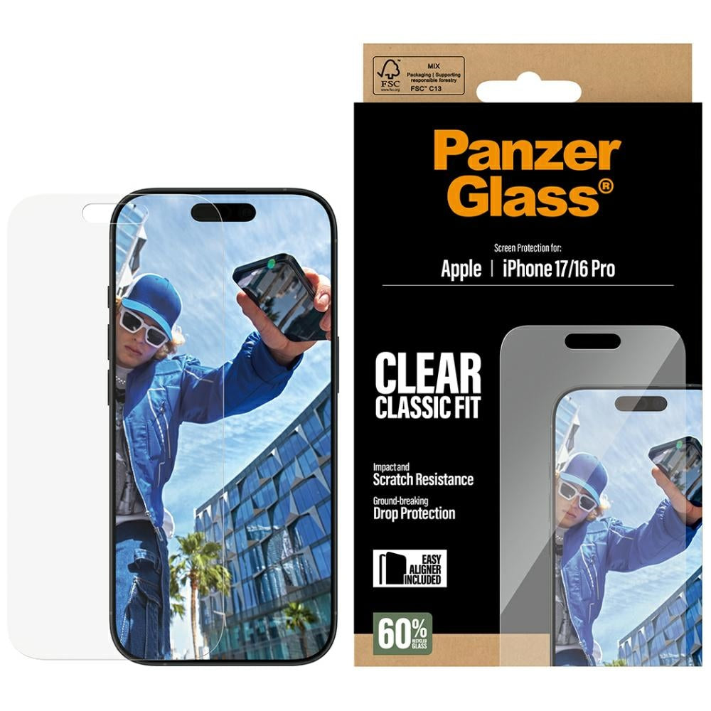 PanzerGlass Classic Fit EasyAligner Screen Protector for Apple iPhone 17 / 16 Pro, Tempered Glass, Full Glue